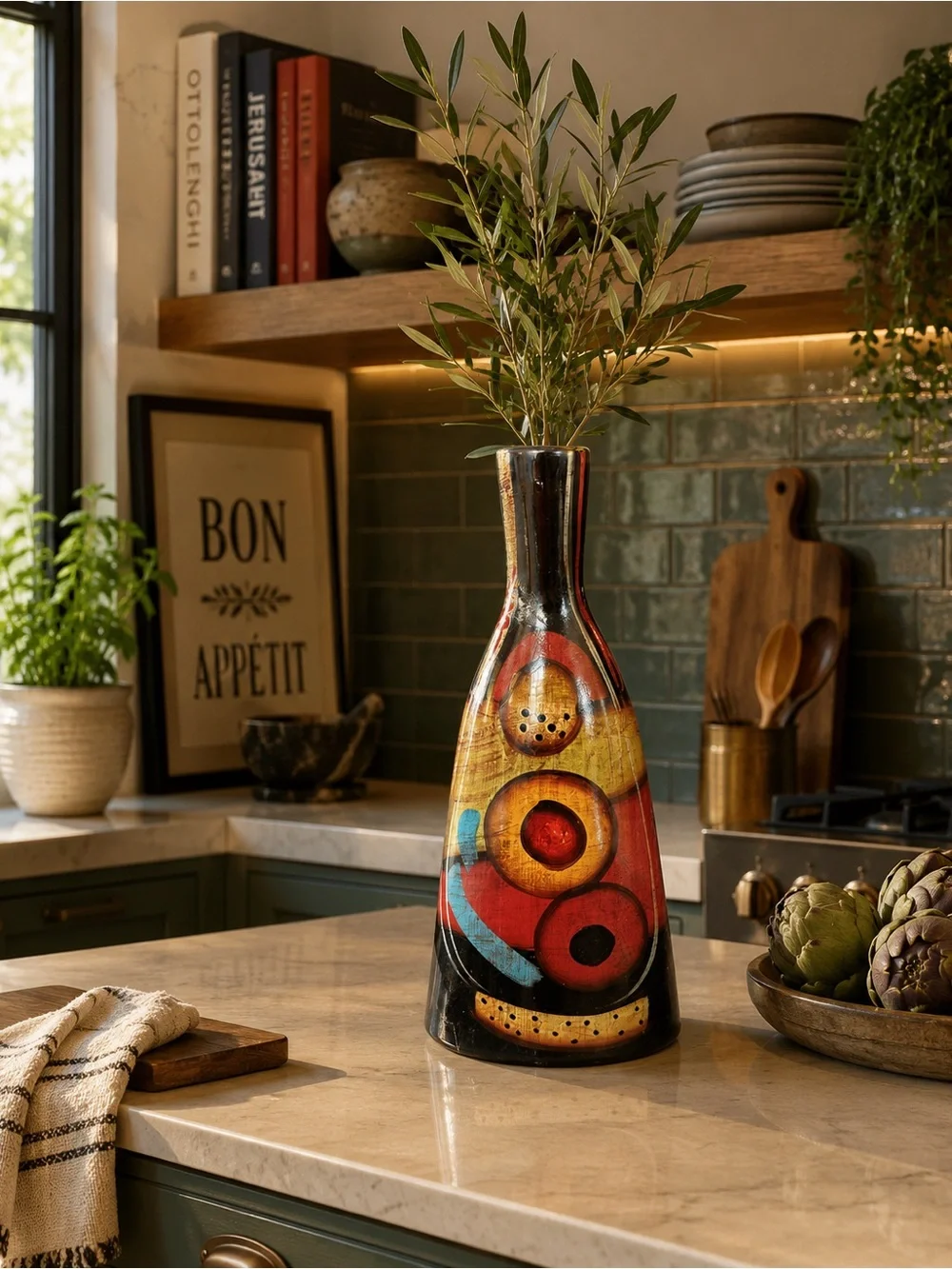 Hand-Painted Multicolor Decorative Ceramic Vase 12.5” Tall x 6” - Home Accents